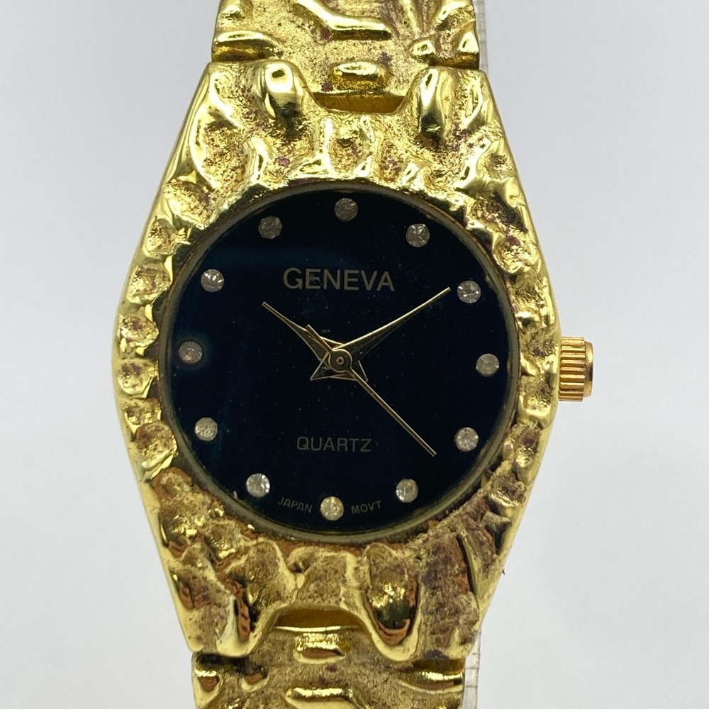 Geneva Womens Watch 24mm Gold Tone Nugget Style Band Black Dial New Battery 7.25